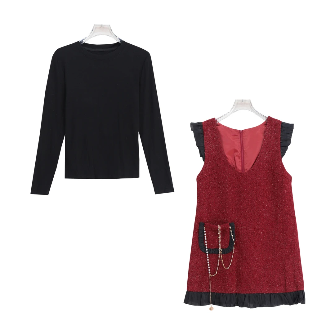 S圆领纯色长袖内搭小香风飞飞袖背心裙套装S5332