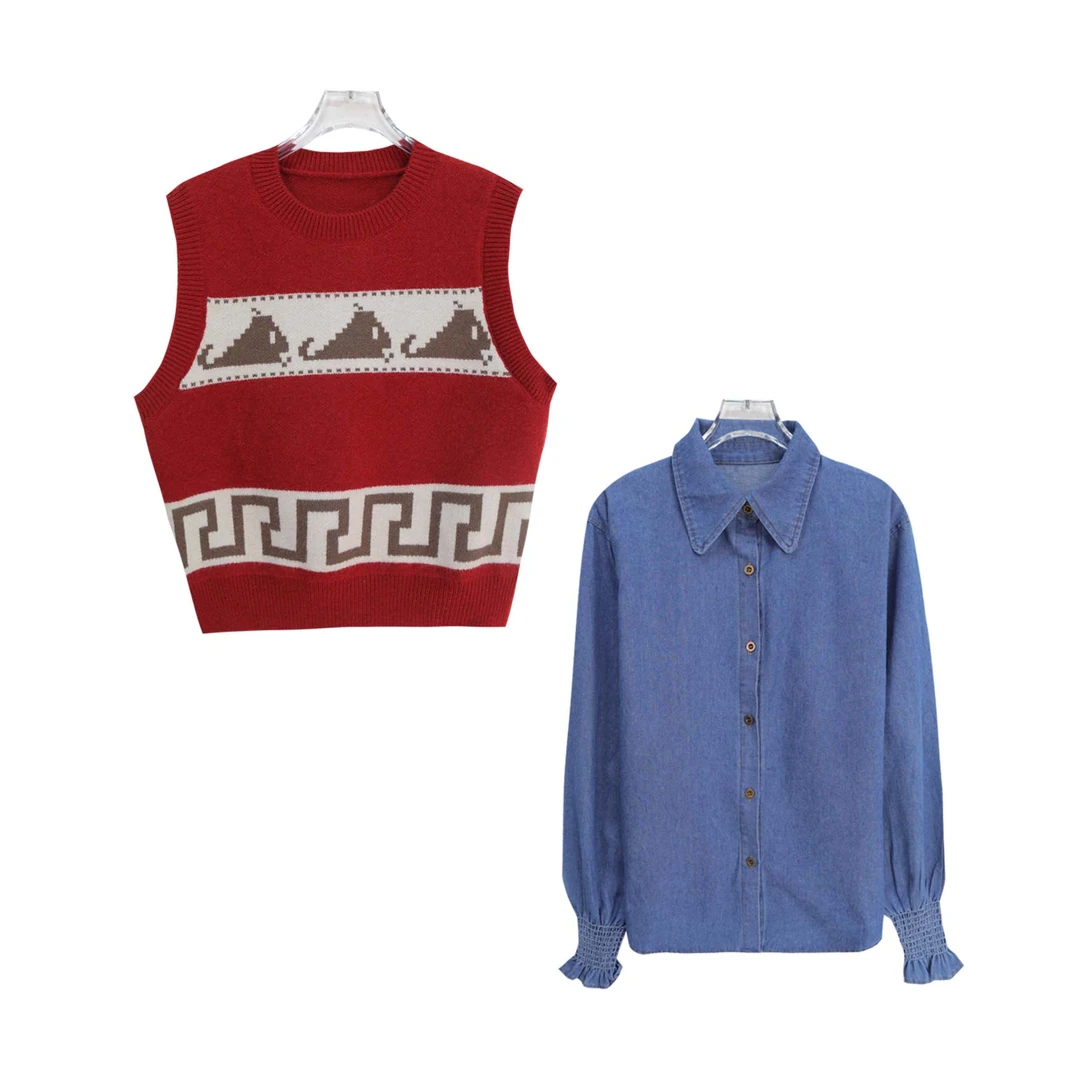 S撞色针织马甲复古港风纯色衬衫叠穿套装S4314