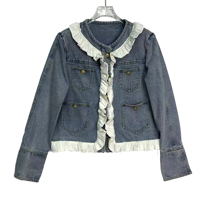 E2301【新款】拼接木耳花边撞色蓝色牛仔外套