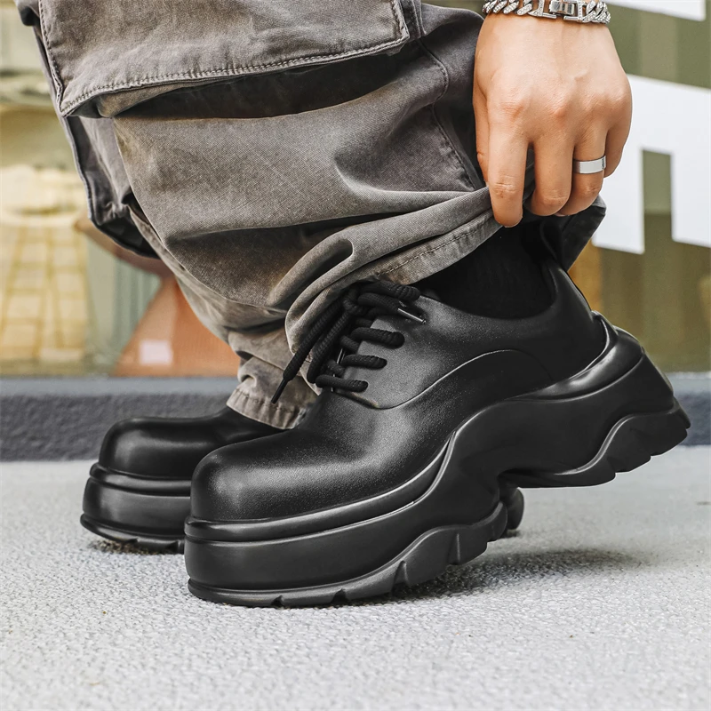 老爹鞋男黑色英伦圆头增高皮鞋厚底百搭哑光高级感德比鞋24369-J