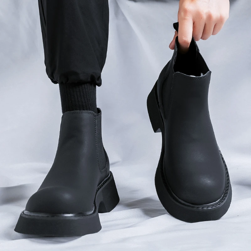 皮鞋冬季男马丁靴圆头中帮韩版英伦厚底坡跟切尔西马丁靴短靴3177