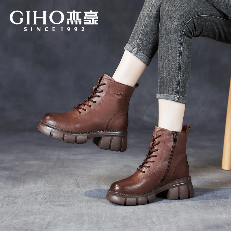 杰豪GIHO头层牛皮马丁靴女新款加绒厚底复古英伦风真皮短靴子女