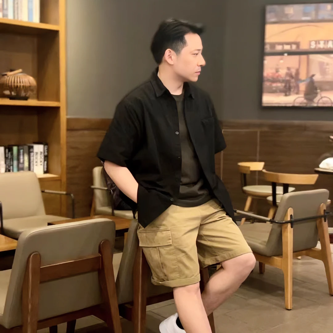 2024夏季新款美式复古纯棉宽松短袖衬衫休闲百搭经典复古宽松透气