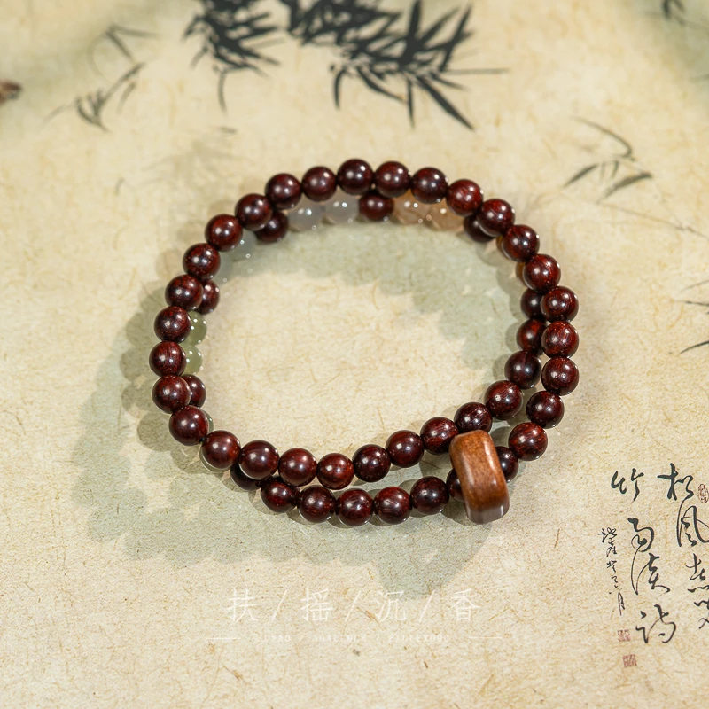 印度小叶紫檀6mm带跑环搭配和田玉双圈国风男女手串xyzt0094z0180