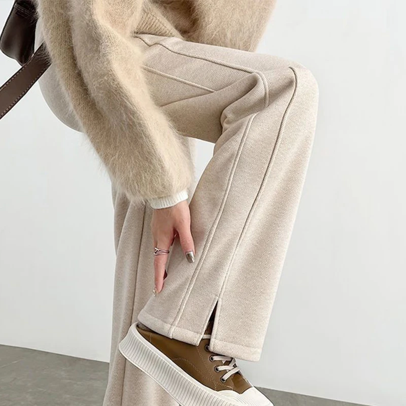 孕妇裤冬季加绒加厚外穿开叉人字纹窄版阔腿裤秋冬辣妈直筒休闲裤