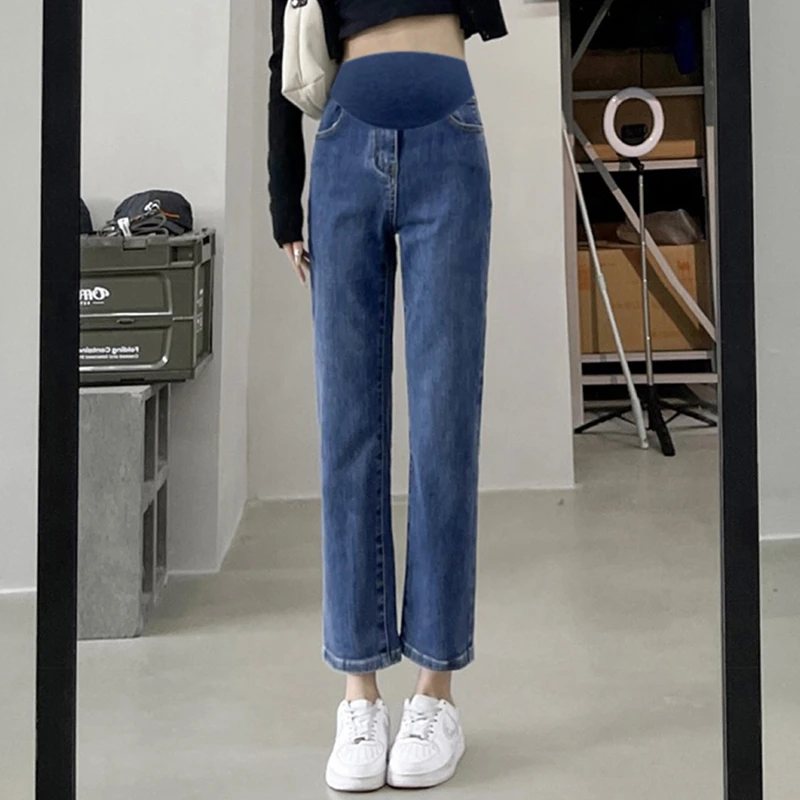 孕妇裤子春季外穿时尚宽松休闲直筒托腹九分裤春秋孕妇牛仔烟管裤