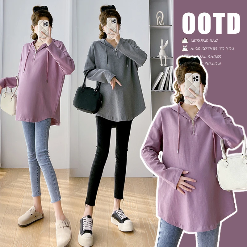 孕妇卫衣春秋时尚韩版宽松中长款连帽上衣秋季外穿休闲长袖打底衫