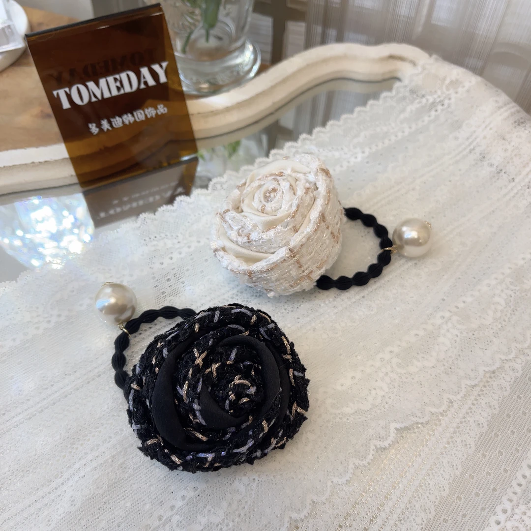 Q955韩系ins小香风粗呢花苞坠珠弹力发绳