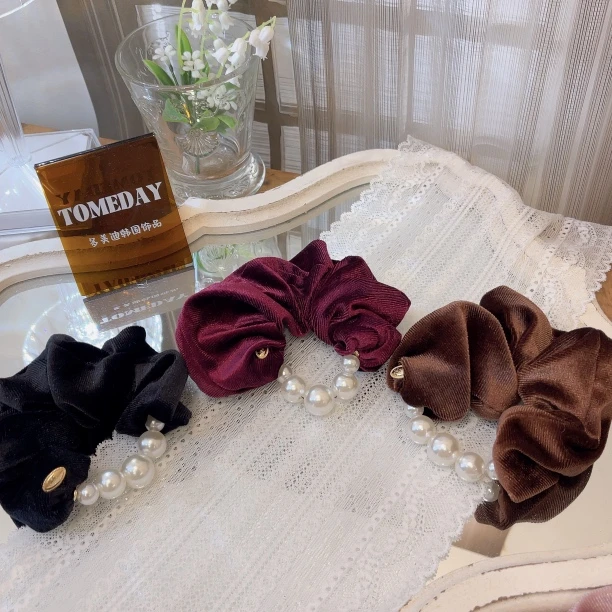 W095秋冬韩系复古氛围感串珠丝绒肠圈发圈