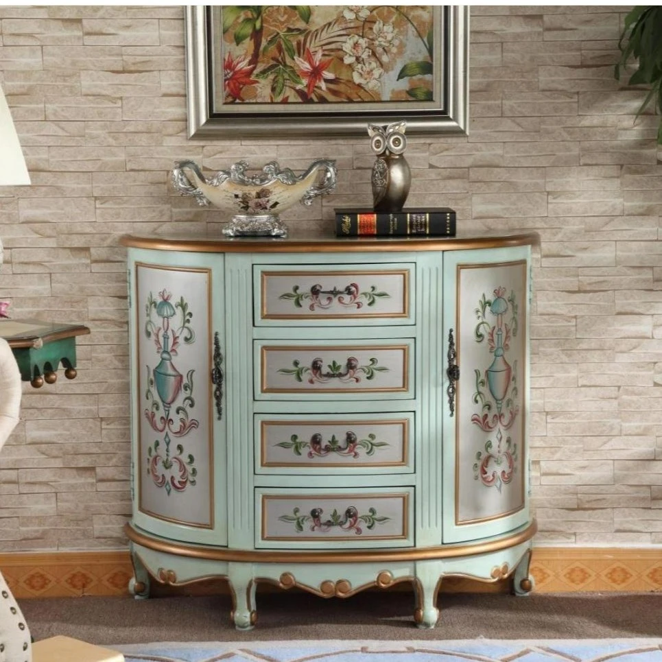 美式玄关柜复古餐边柜半圆型欧式客厅手绘装饰柜做旧置物门厅柜子