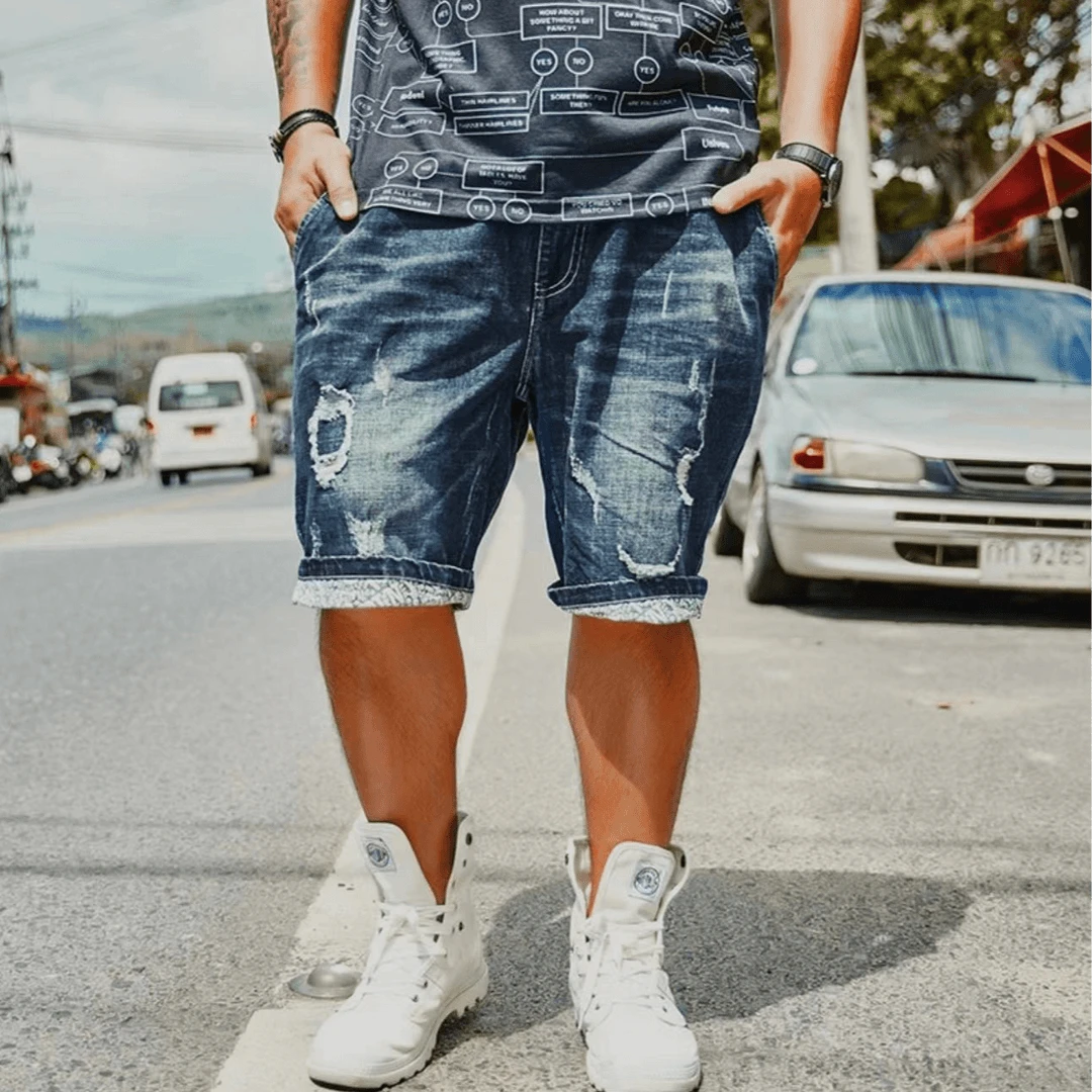 夏季新款休闲简约价款加大七分牛仔裤中潮男士休闲裤破洞NZ8013