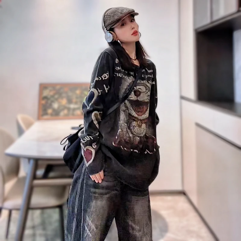 2025欧货新款宽松打底衫美式炒色做旧长袖T恤女中长大版潮牌上衣t
