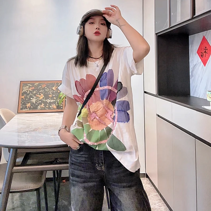 潮牌手工钉珠短袖衫女2025年夏季新款欧货宽松花朵彩色百搭T恤t恤