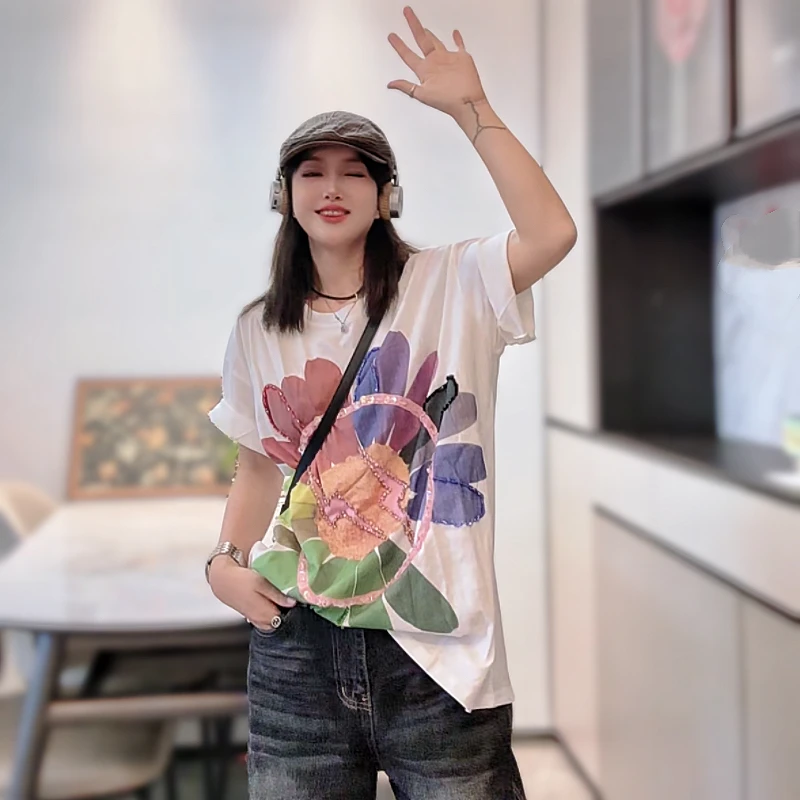 花朵彩色百搭T恤潮牌手工钉珠短袖衫女2025年夏季新款欧货纯棉t恤