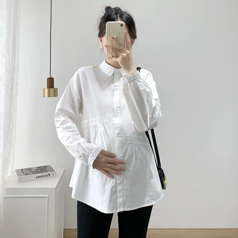 孕妇衬衣春秋装新款长袖大码宽松上衣白色时尚工作服拼接百搭衬衫