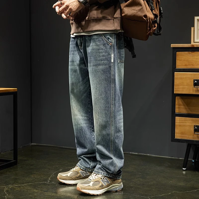 GS秋冬款美式复古牛仔裤男直筒宽松时尚潮牌男士垂感阔腿休闲长裤