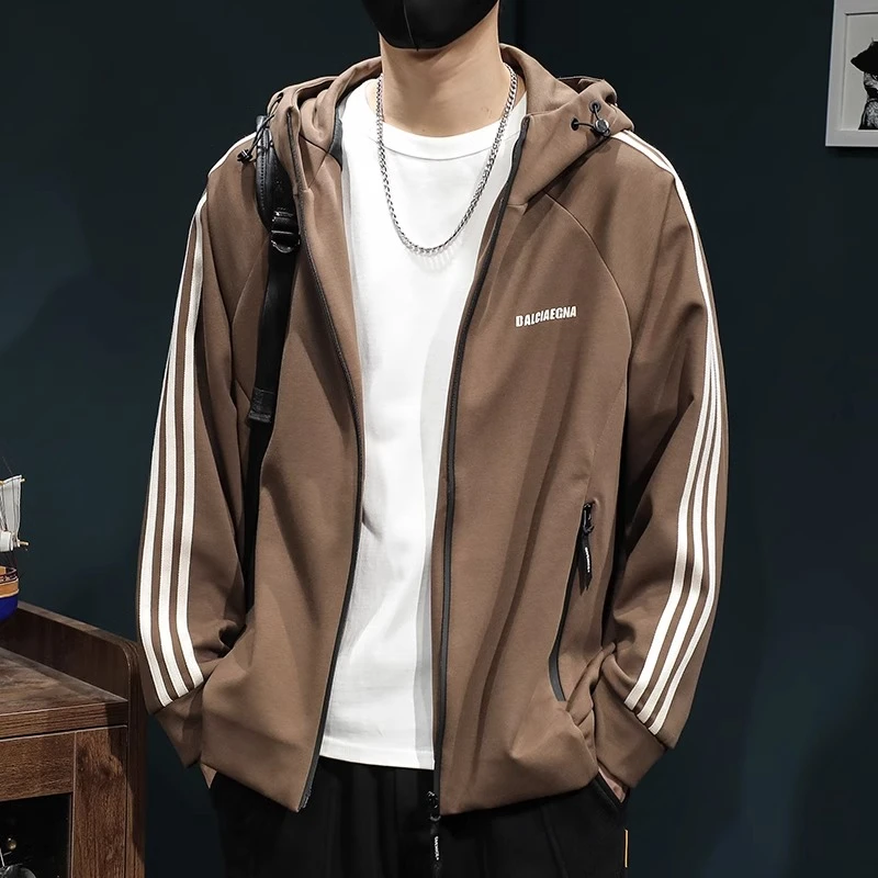 GS2024年休闲新款春秋季外套连帽拉链卫衣宽松潮牌条纹夹克上衣男