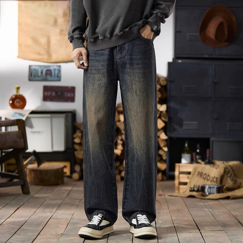 GS秋冬季新款美式复古直筒牛仔裤男士宽松垂感阔腿百搭休闲长裤子