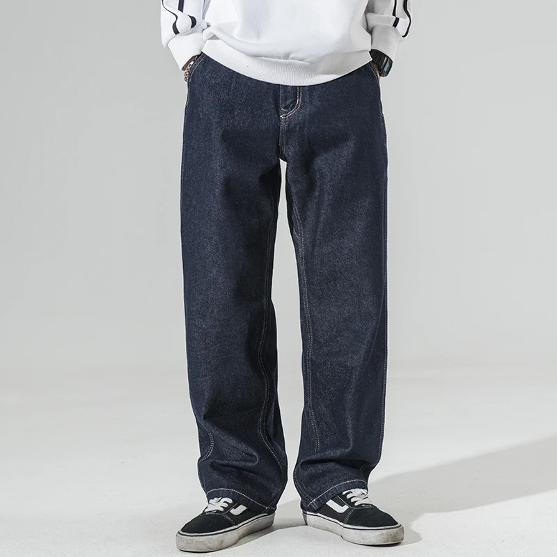 GS春秋季宽松直筒阔腿牛仔裤男美式复古宽松大码原色百搭休闲长裤