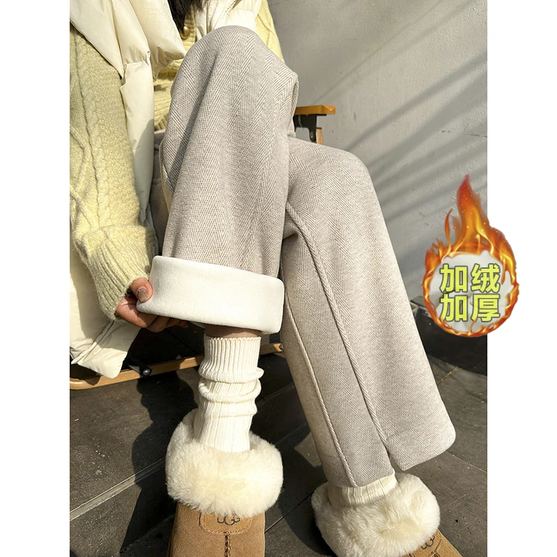 人字纹毛呢窄版阔腿裤子女秋冬2025新款高腰加绒加厚燕麦色直筒裤