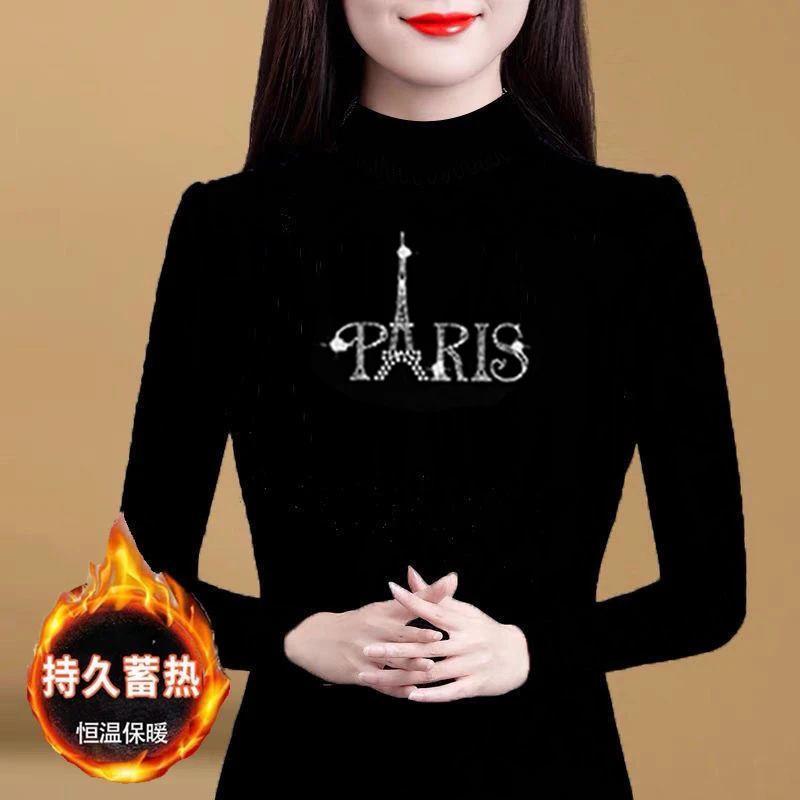 德绒半高领打底衫长袖t恤女2023秋冬季新款洋气减龄烫钻保暖上衣