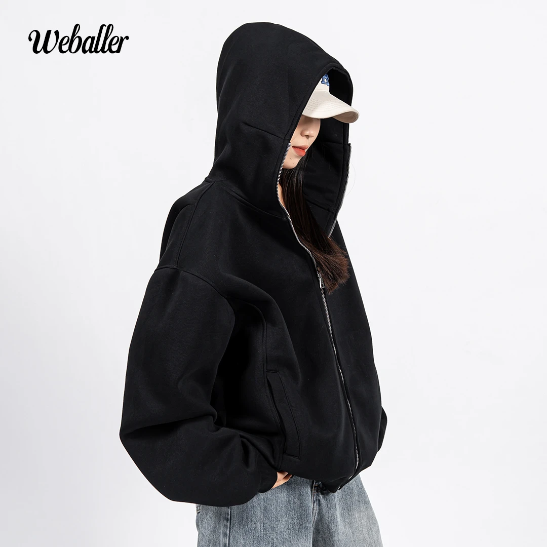 WEBALLER秋冬高克重重磅连帽卫衣短版BOX廓形开衫保暖休闲潮流