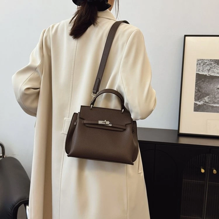 牛皮凯莉包2024秋冬款女包精致百搭复古高级百搭单肩斜挎包包轻奢