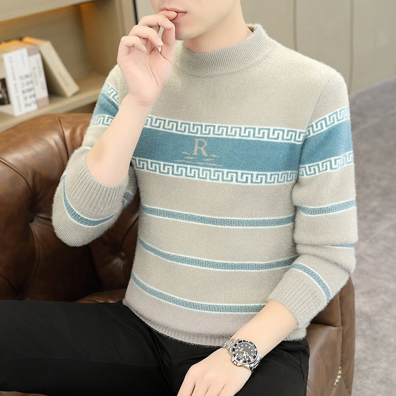 新款秋冬季青少年时尚男士修身保暖半高领毛衣字母提花打底针织衫