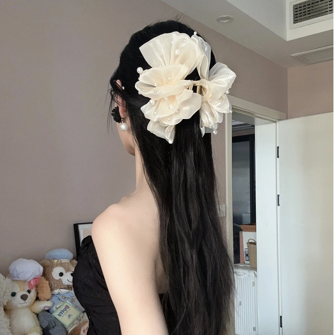 北厂 非金属仿珍珠发饰 新款多层蝴蝶结钉珠款泡泡抓夹女鲨鱼抓夹