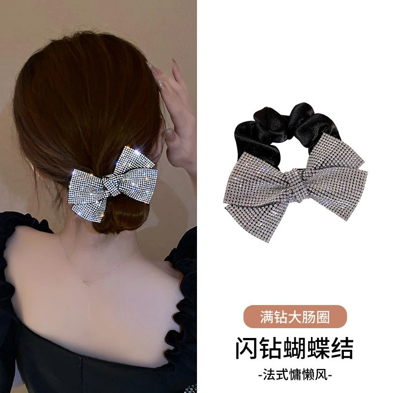 北厂 非金属布艺发饰 高级感闪钻蝴蝶结大肠发圈头绳丸子头发绳