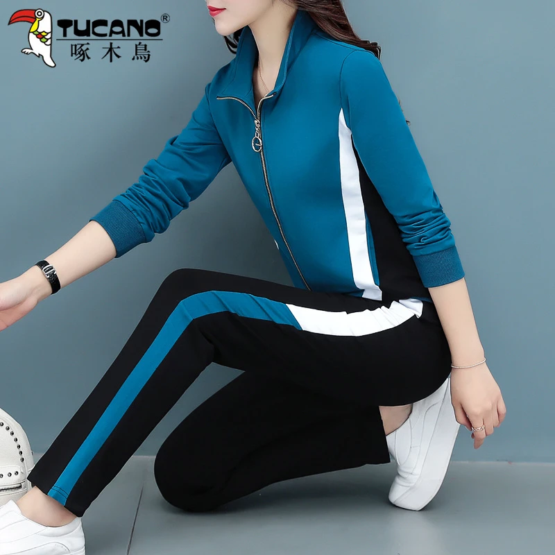 【官方】啄木鸟纯棉运动套装女春秋拼色立领休闲宽松跑步服两件套