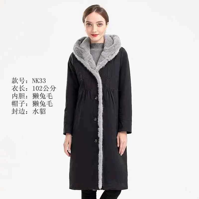 女士冬季时尚休闲百搭中长款派克服可摘卸獭兔内胆兔毛帽水貂封边
