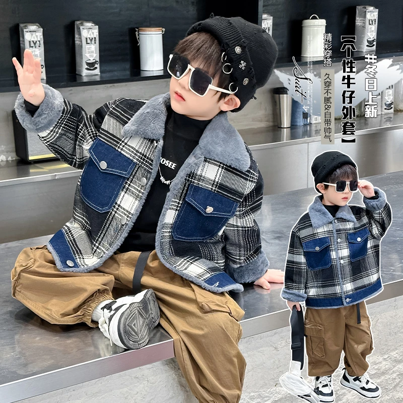 儿童冬款加绒牛仔外套2024新款男童加厚上衣秋冬季男孩中小童保暖