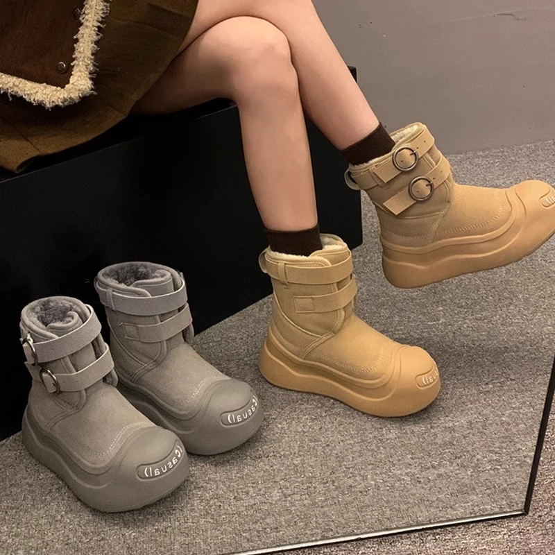 时尚厚底雪地靴女2024冬季新款丑萌大头棉靴加绒加厚保暖雪地棉鞋