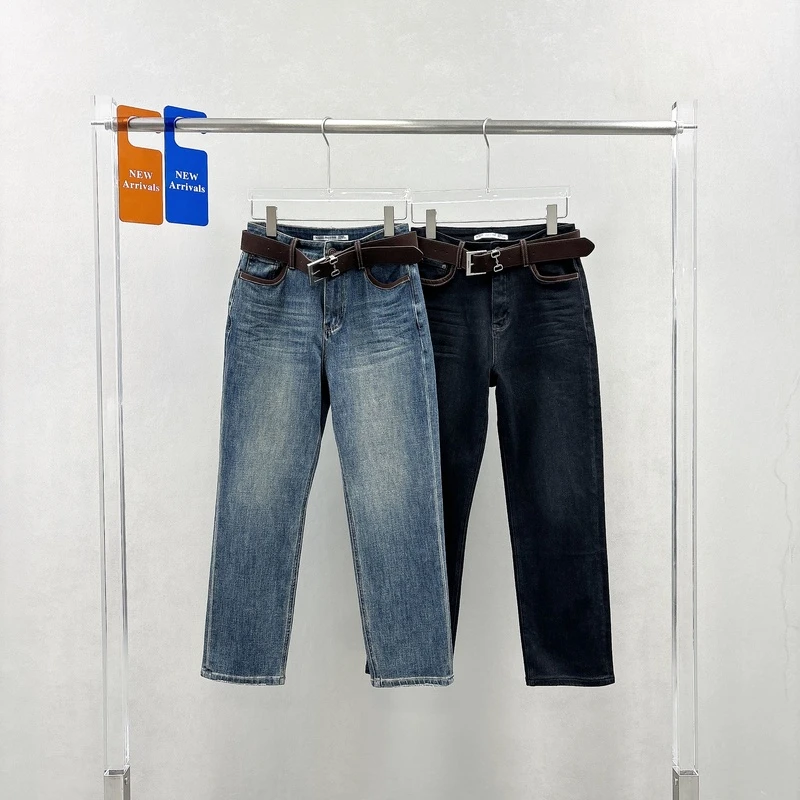 WEISU唯速秋季新款弹力九分烟筒裤女高腰显瘦直筒牛仔裤52274