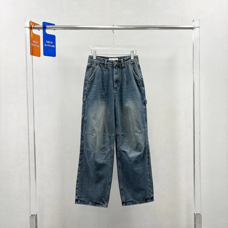 M.Lady蕾迪褶皱牛仔工装裤女秋装新款百搭显瘦宽松直筒长裤66169