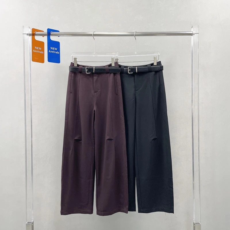 YKS欧货秋季新款百搭显瘦直筒西装裤女高腰阔腿压褶休闲裤236101