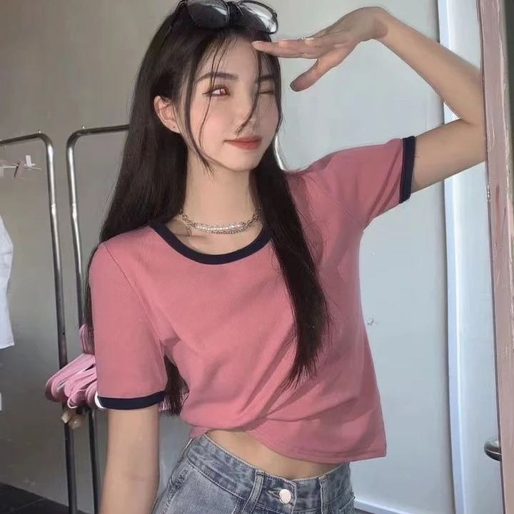 【美轩可】202夏季休闲百搭短袖领口拼色显瘦圆领女装短袖1079