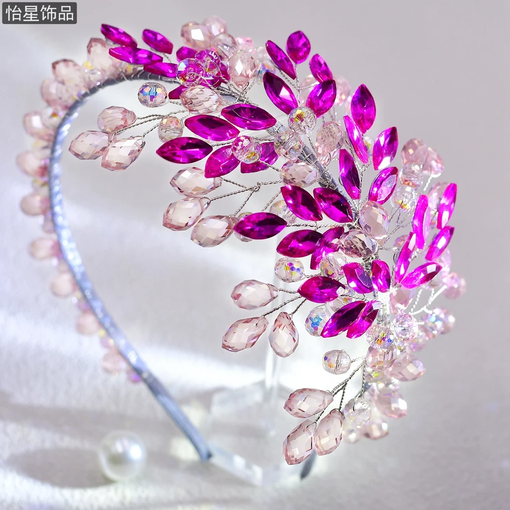 怡星 韩版小众轻奢手工串珠粉色水钻发饰少女感气质宽边百搭A139