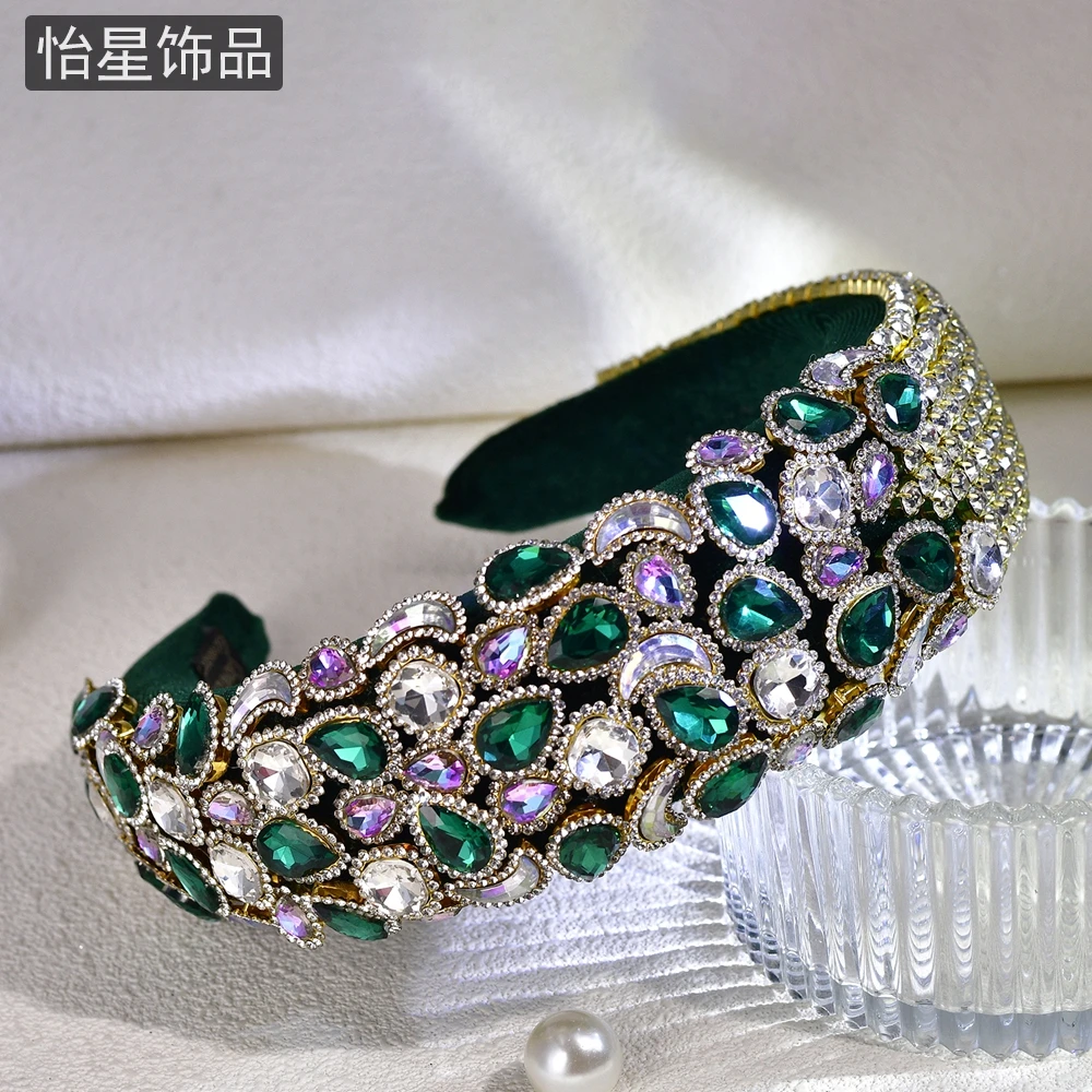 怡星时尚复古绿高颅顶镶钻发箍百搭海绵头箍减龄修饰脸型发饰A258