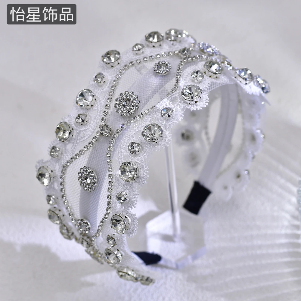 怡星 白色蕾丝镶钻发箍高级轻奢手工编织复古百搭森系公主风A218