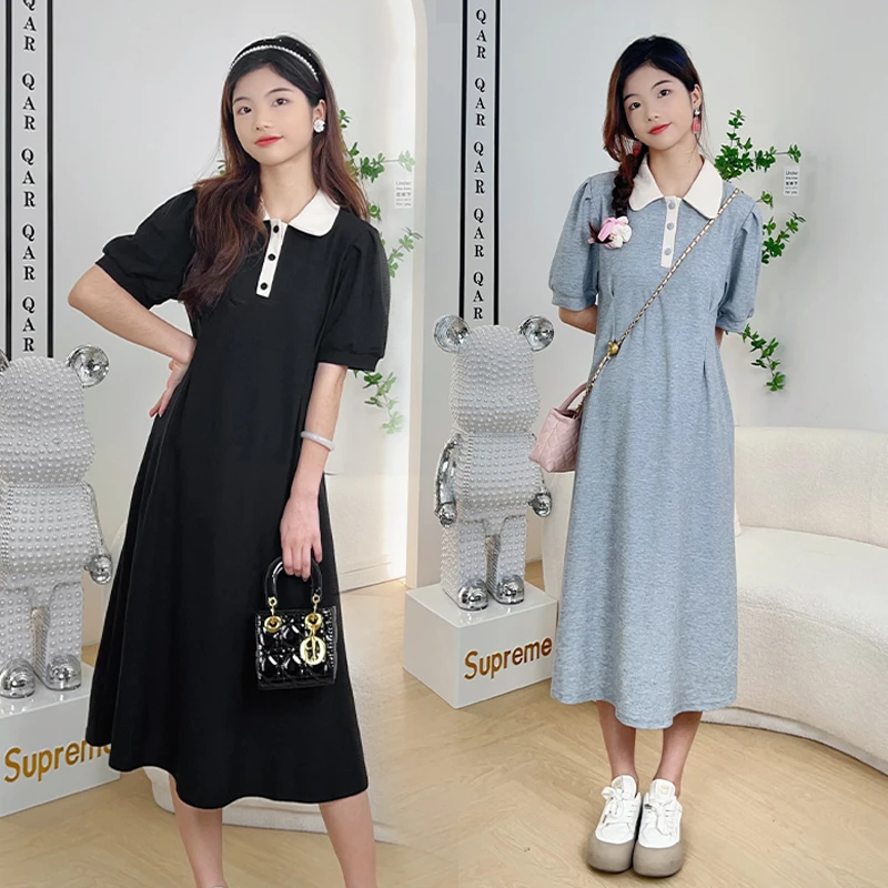 孕妇装夏季新款2024中长款POLO领宽松显瘦撞色薄款短袖孕妇连衣裙