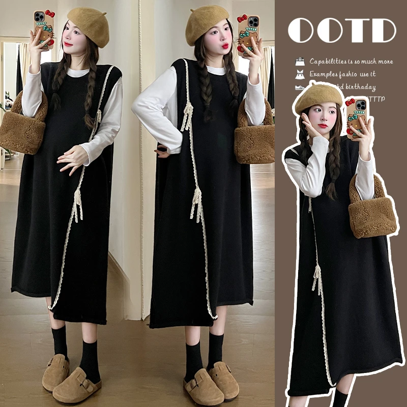 孕妇套装2023减龄甜美设计感慵懒风圆领连衣裙+时尚白色T恤两件套