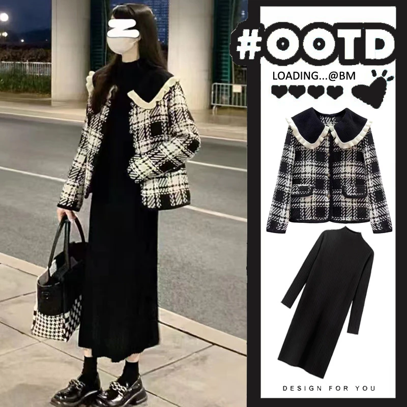 孕妇套装2023秋冬小香风娃娃领格子高品质洋气外套+连衣裙两件套