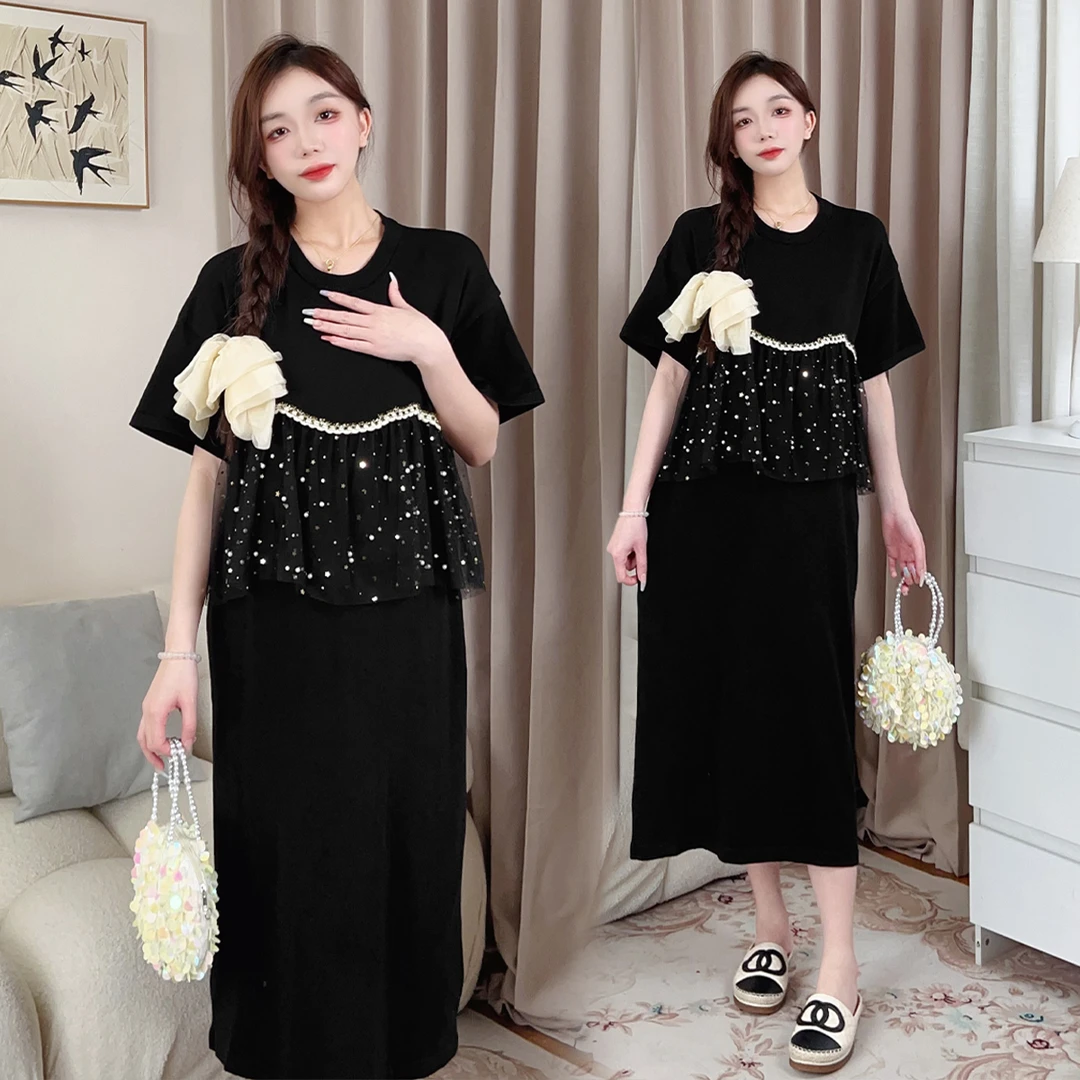 孕妇装夏季新款2024韩版时尚圆领宽松气质显瘦甜美时尚孕妇连衣裙