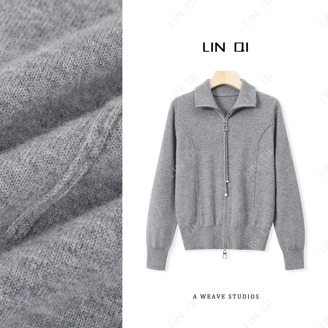 100%羊毛加厚2024秋冬新款双拉链设计针织开衫女时尚显瘦外套上衣