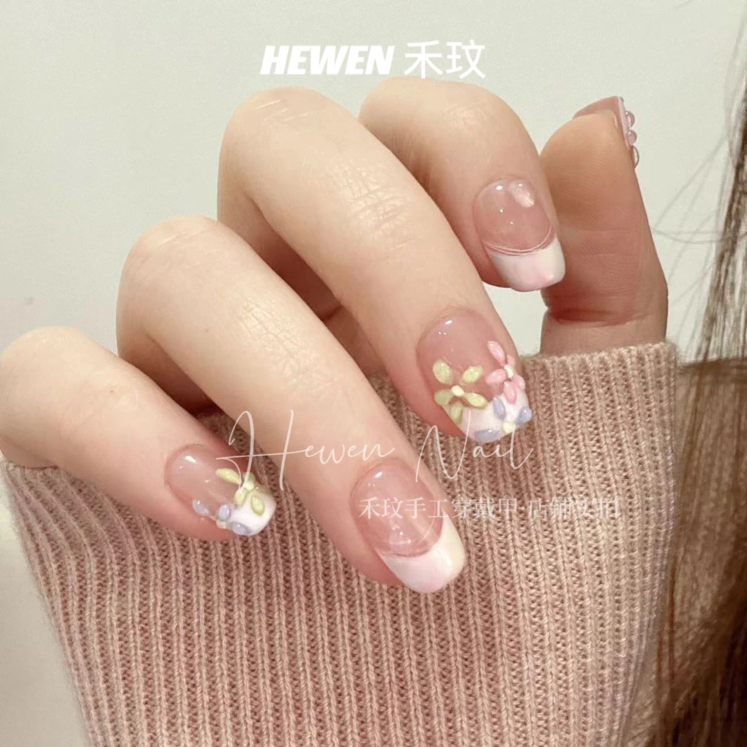 【落雨 】立体花 水彩 晕染显白系列 纯手工穿戴甲可反复使用