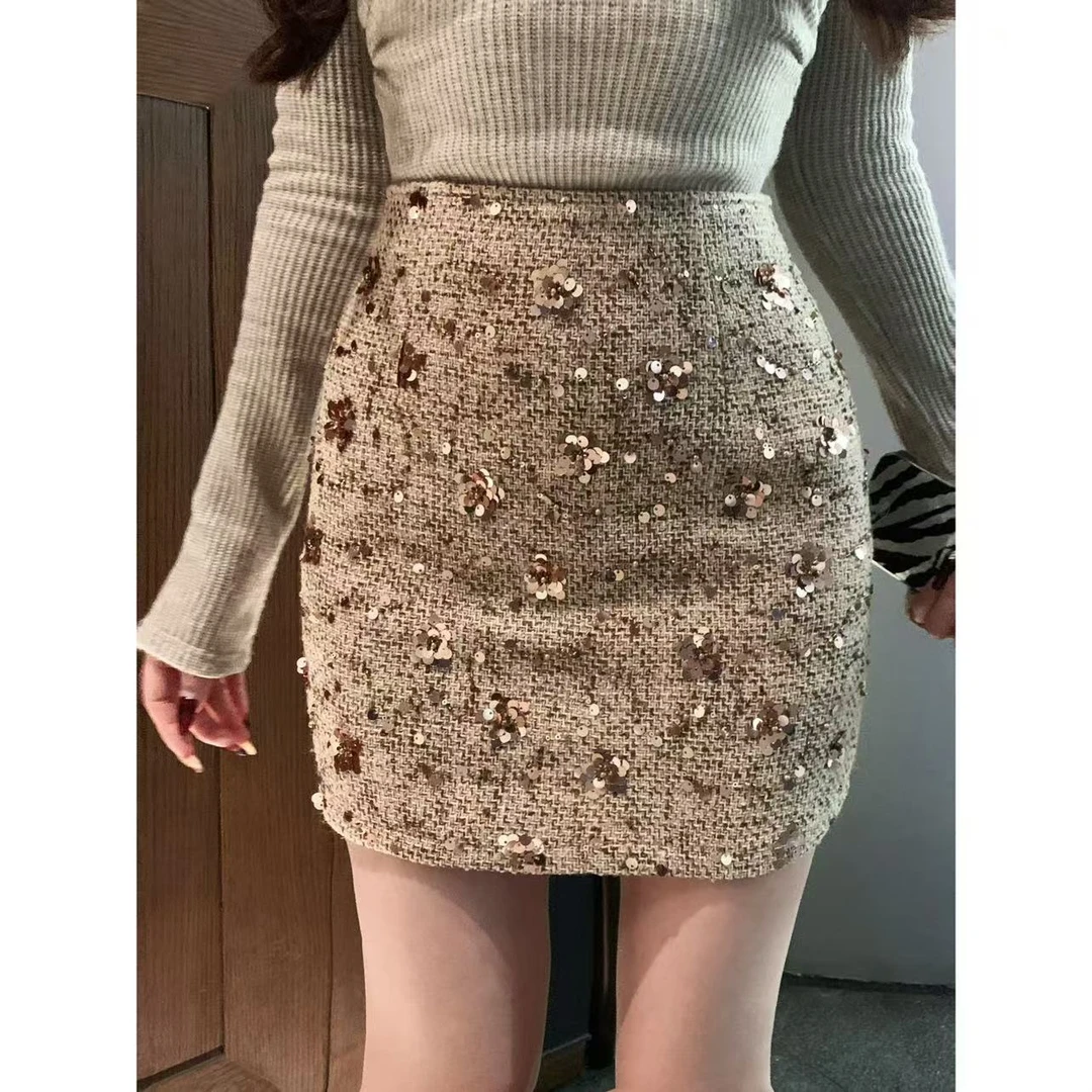 SZA【花园漫雾】冬季新款重工亮片高级感修身高腰包臀短裙A-1420