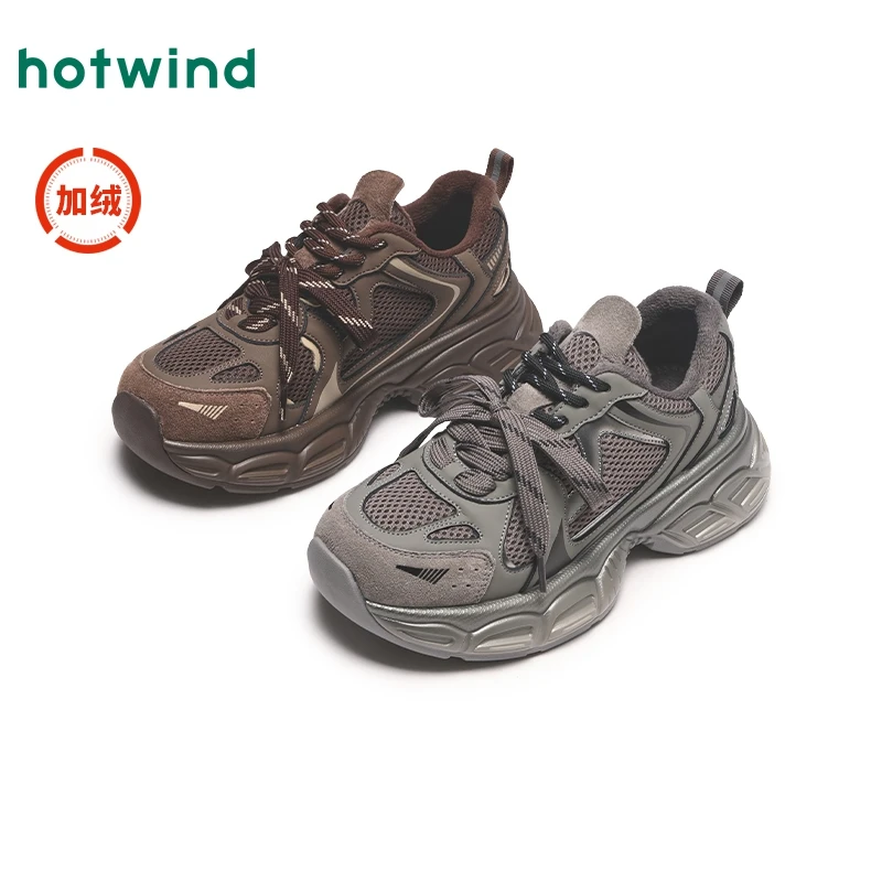 【老城故事】热风潮流厚底增高老爹鞋2024新款加绒运动跑步鞋系带女