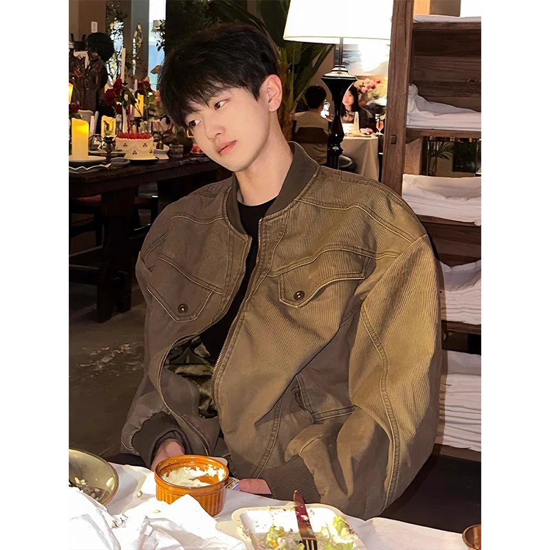 棕色短款哈灵顿夹克男款秋季潮牌痞帅工装棒球服vibe美式高街外套